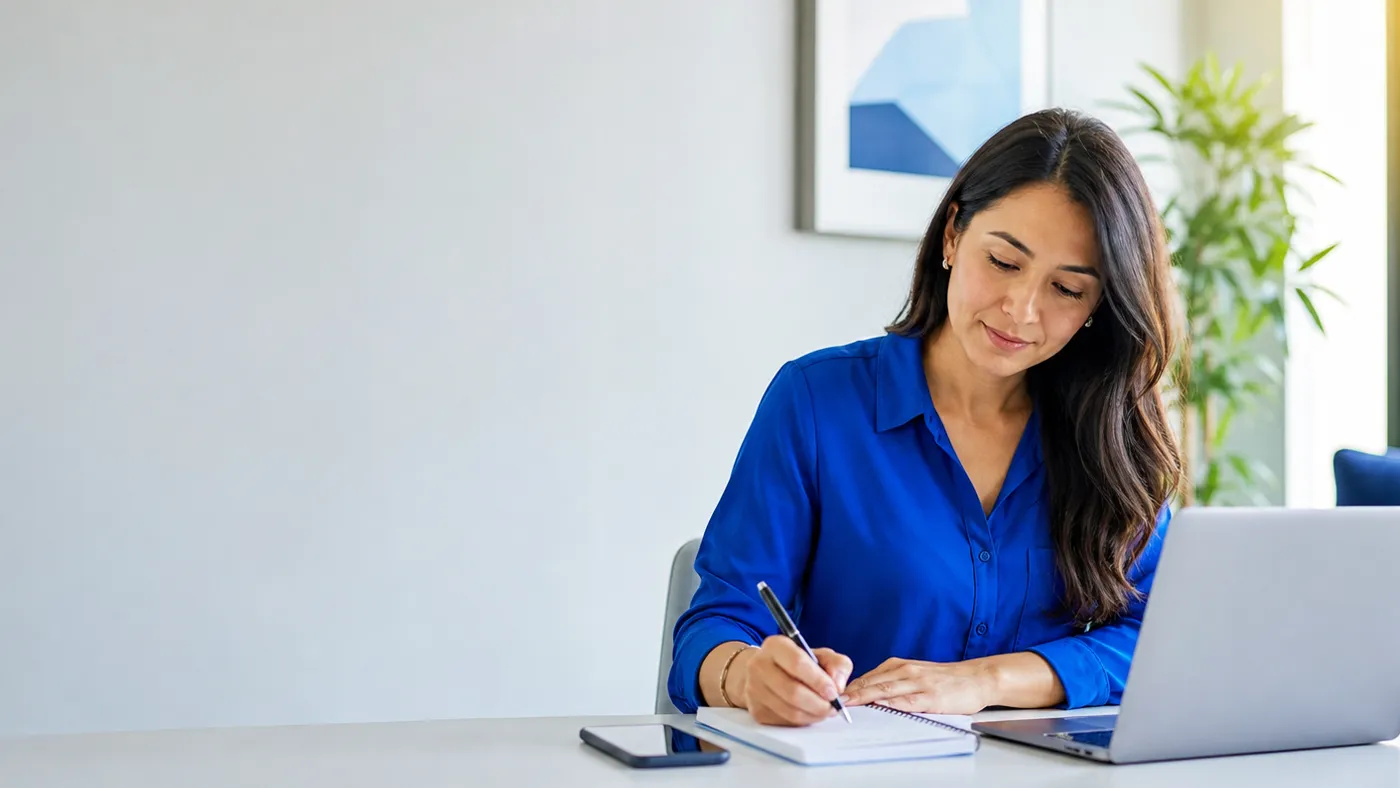 Person finishing app review notes in a bright flexible workspace