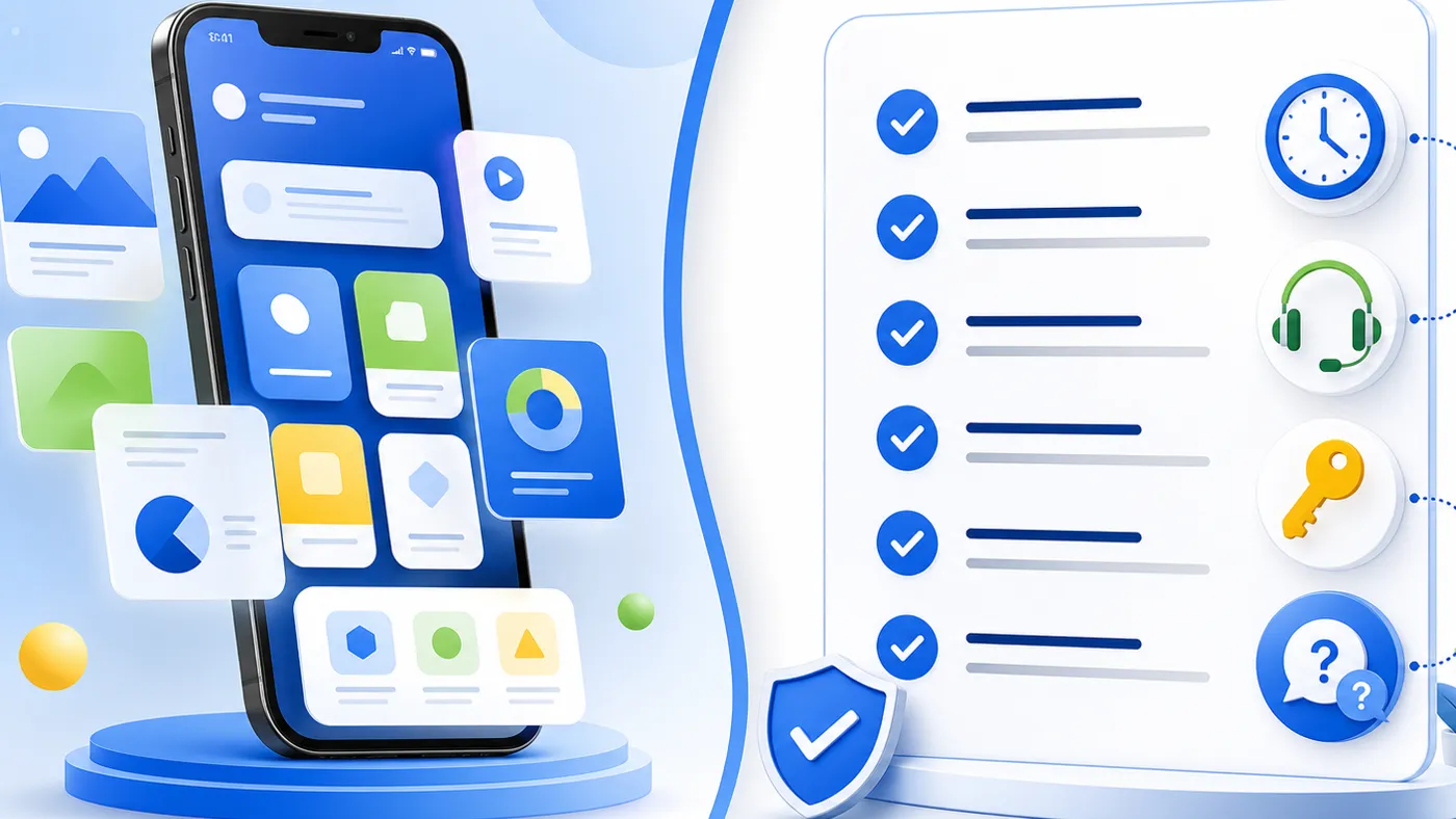 Illustrated buyer checklist with phone, clock, support, access and question icons