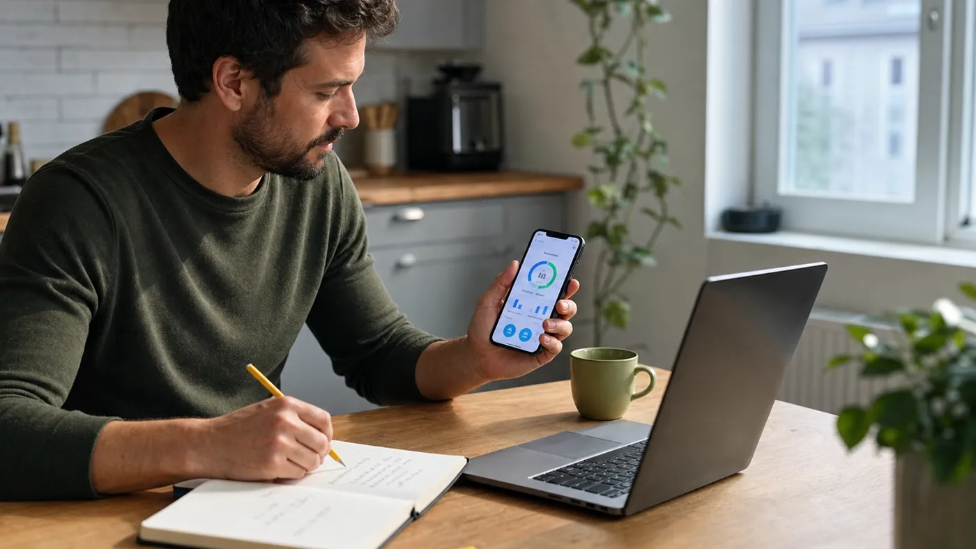 Person testing a fitness app and writing balanced notes at a kitchen table