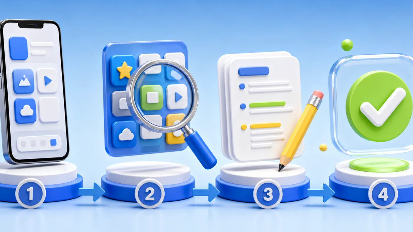 Illustrated app review workflow with phone, observation, notes and completion stages